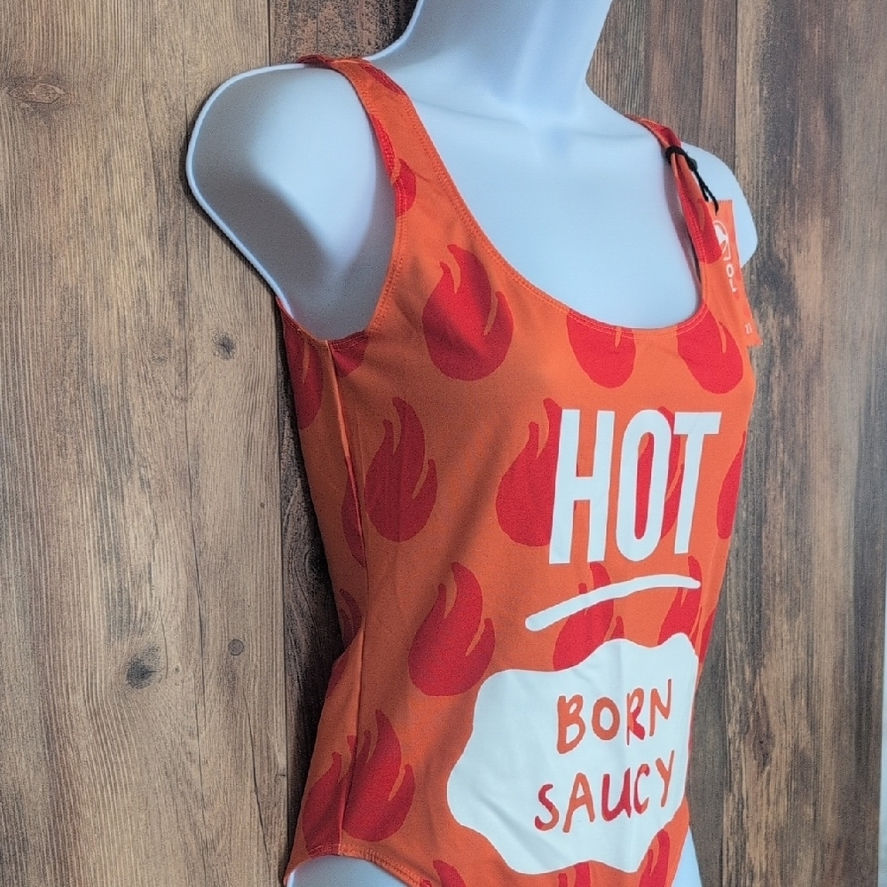 NWT Forever 21 Orange 'Hot Born Saucy' One Piece Swimsuit  Small - Picture 2 of 10